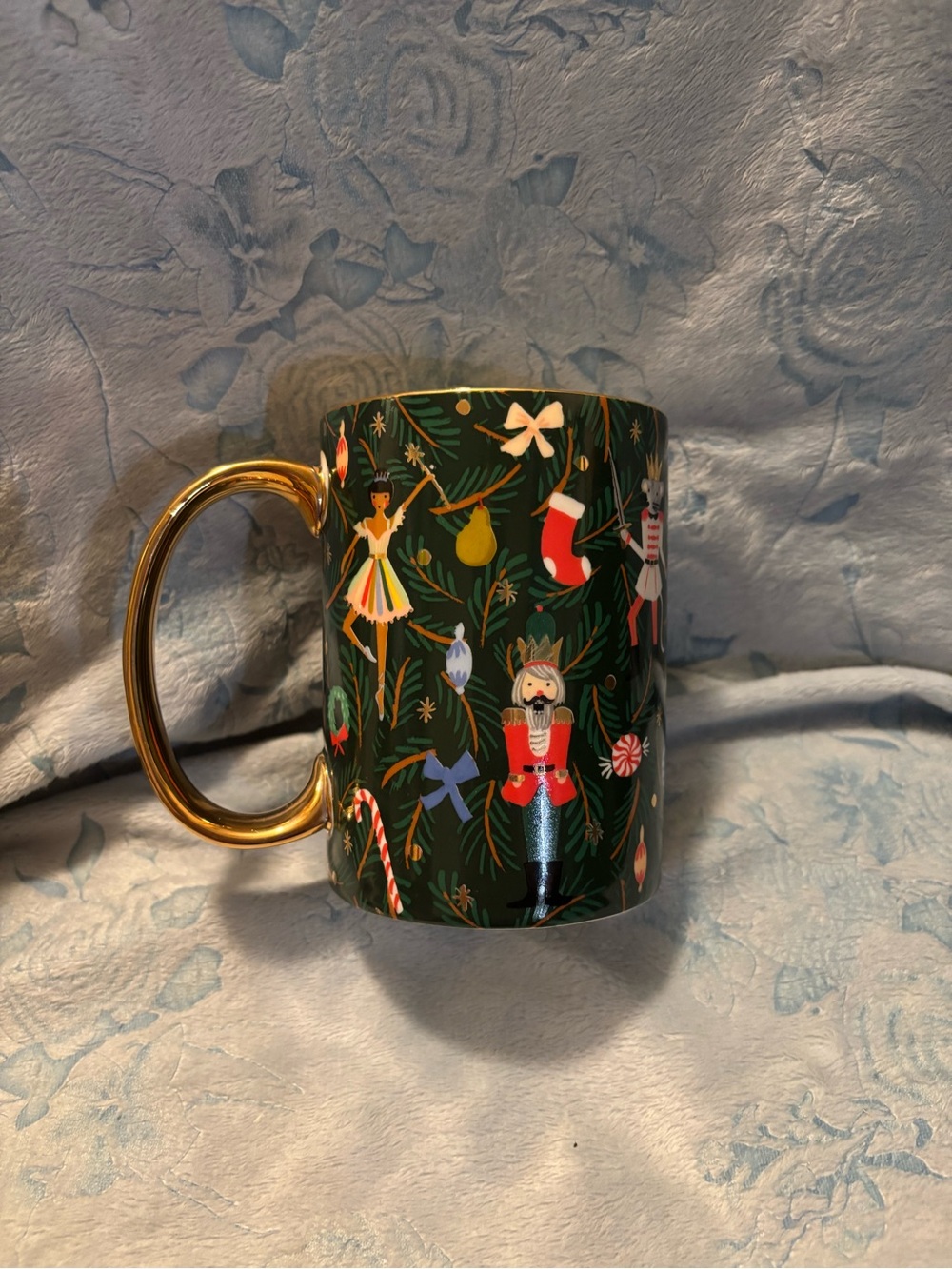 Festive Dark Green Nutcracker Ceramic Mug with Gold Handle